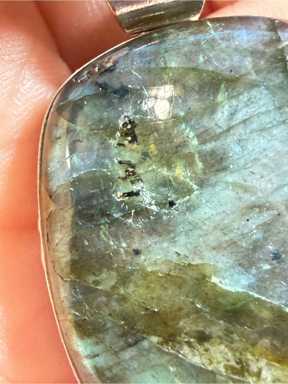 Labradorite Pendant | Teal Green Flash | Organic Rectangle | 2 Inches - Picture 5 of 9